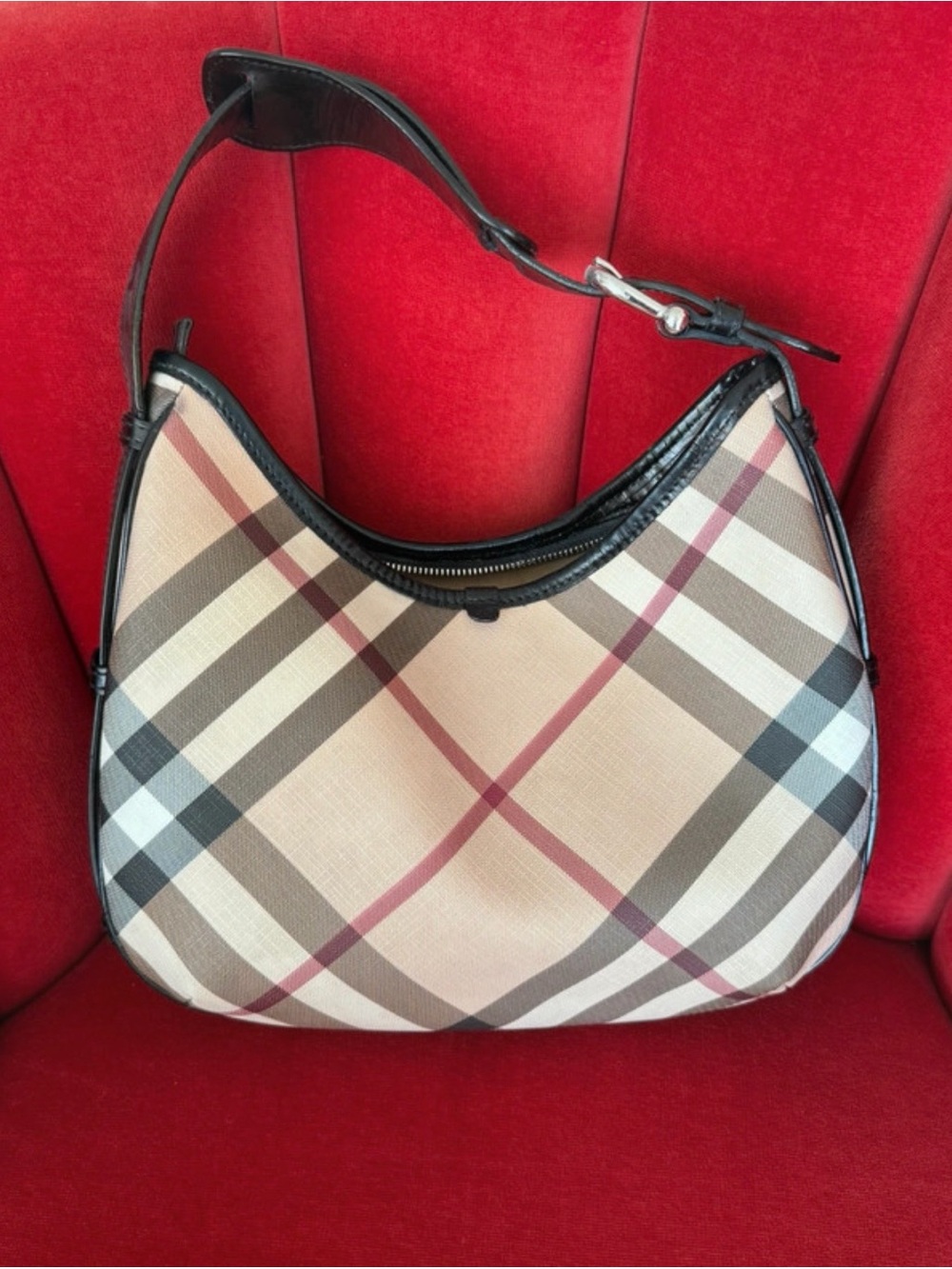 Burberry Beige Plaid Hobo with Black Trim